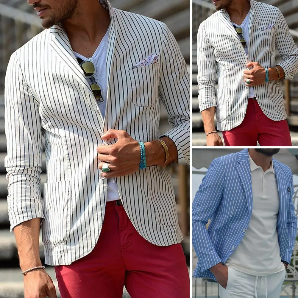 2026 Cotton Linen Striped Men Blazer Elegant Men's Striped Suit Coat Lapel Pockets Formal Business Summer Blazer Outwear