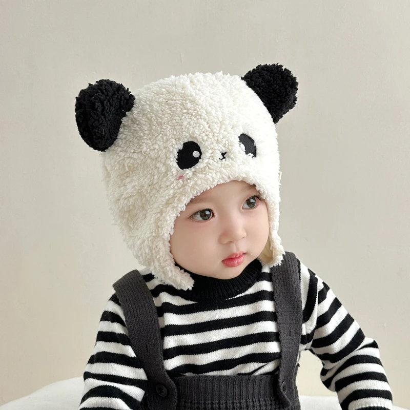 Autumn Winter Thicken Baby Ear Protection Hats Cartoon Panda Kids Boys Girls Artificial Lambwool Soft Warm Children Caps