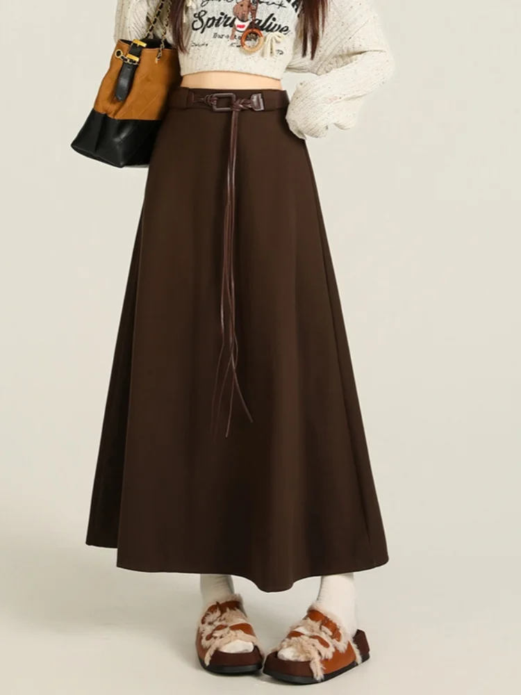 

SMTHMA Retro High Waisted Solid Woolen Skirt For Women 2025 New Autumn Winter Design Thick Mid-Length Skirt With Belt