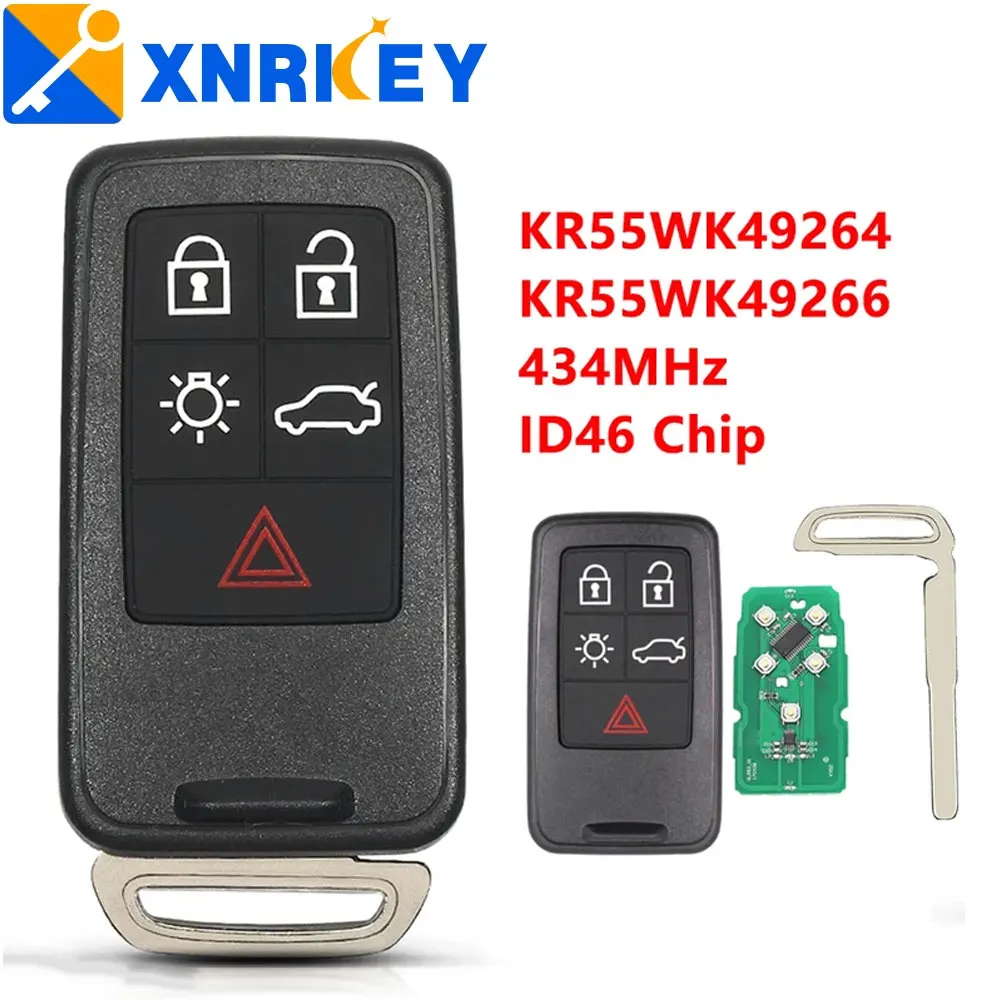 

XNRKEY Remote Smart Car Key 5 Button Fob 434MHz ID46 Chip For Volvo XC60 S60 S60L V40 V60 S80 XC70 KR55WK49264 KR55WK49266