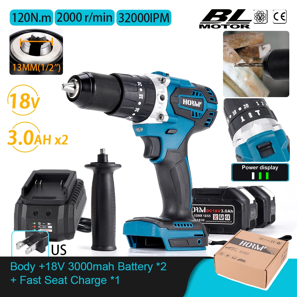 

Brushless Electric Impact Drill 18V 120N.m 3 in 1 Electric Screwdriver with Handle Electric Hammer Power Tool For Makita Battery