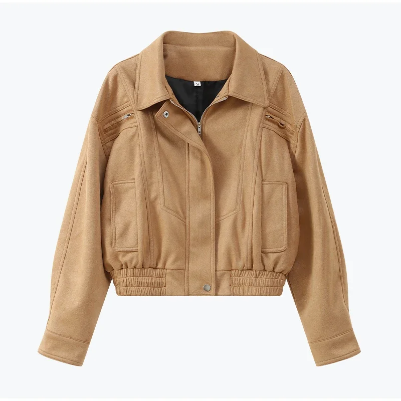 

Fashion Brown Short Suede Jacket Women Chic Lapel Long Sleeve Pocket Zipper Cropped Coat Autumn Lady Highstreet Commute Outwear