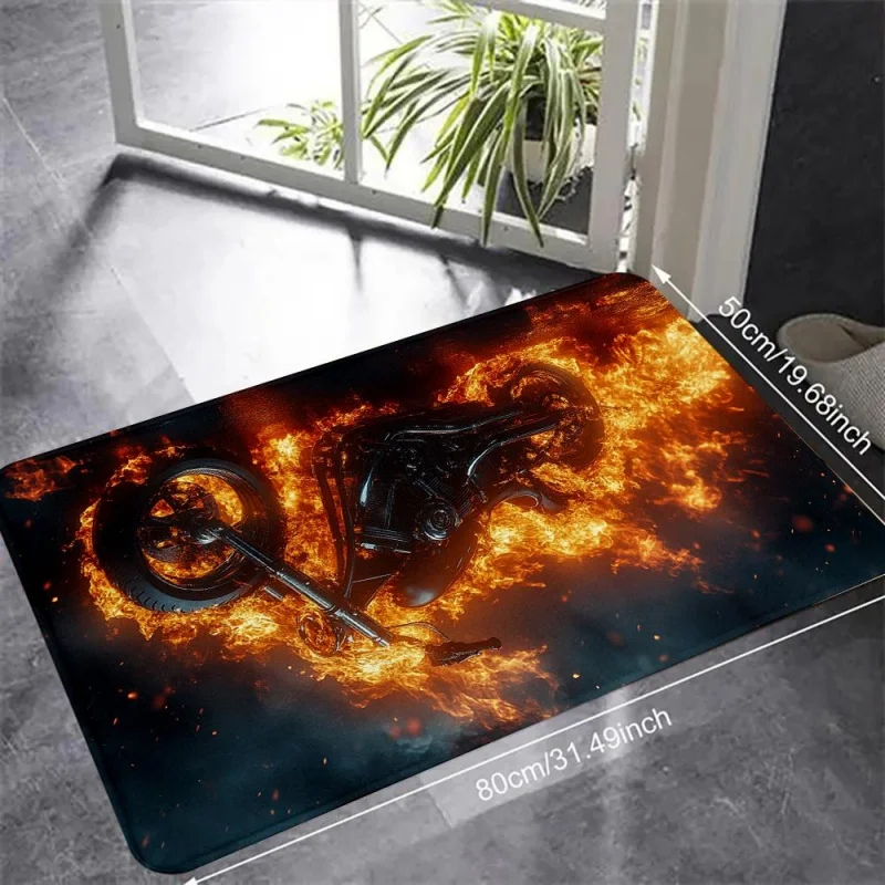 VIKAMA Flaming Chopper Motorcycle Doormat Burning Vintage Motorbike Fire Flame Print Non Slip Absorbent Floor Mat Biker Man Cave