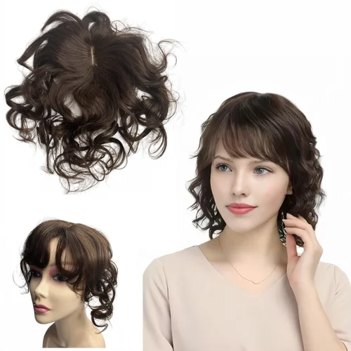Adornos de cabello humano ondulado para mujer, 35cm, con flequillo, extensión de cabello con Clip, pieza para bloquear costuras de cabello esparas