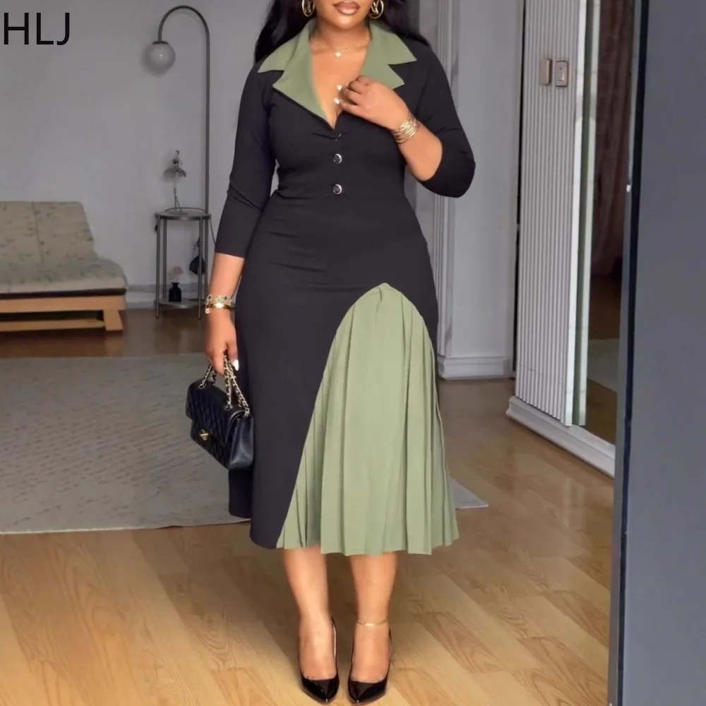 

HLJ Fashion Ruched Patchwork Bodycon Dresses Women Color Block Deep V-Neck Long Sleeve Dress Female Streetwear Vestidos 2025 New