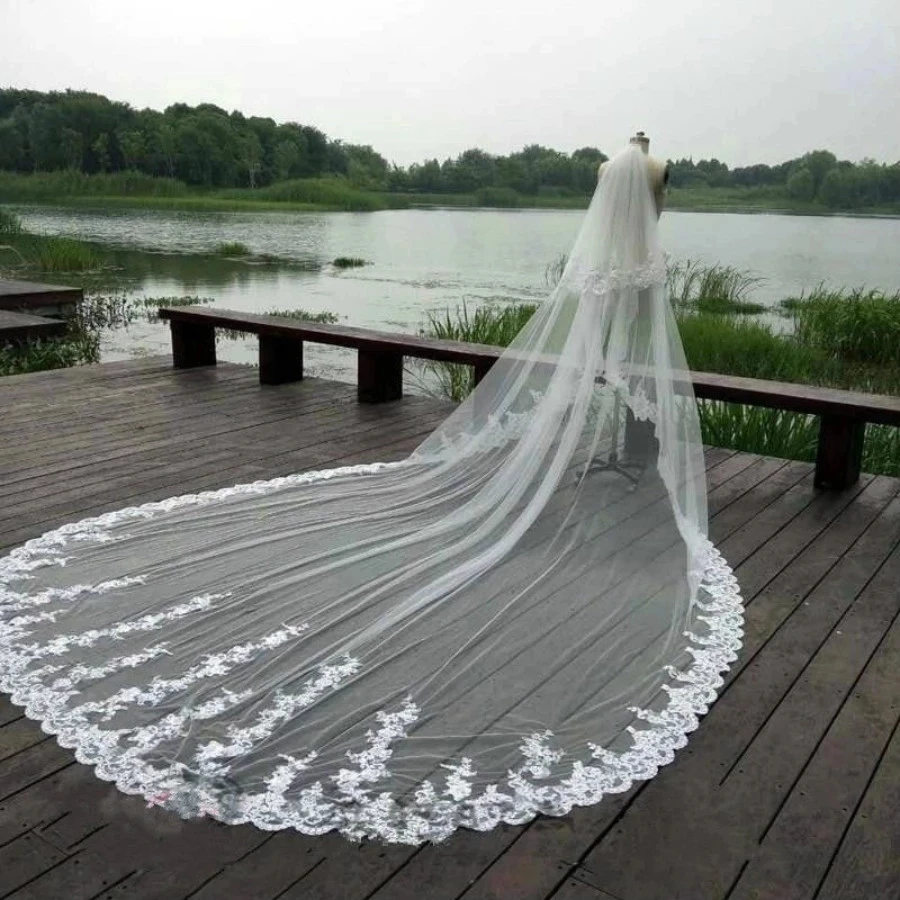 Velo de novia de lujo con borde de encaje largo, velo de novia con peine, accesorios de boda, velo de Mantilla de novia, blanco, marfil, 4M