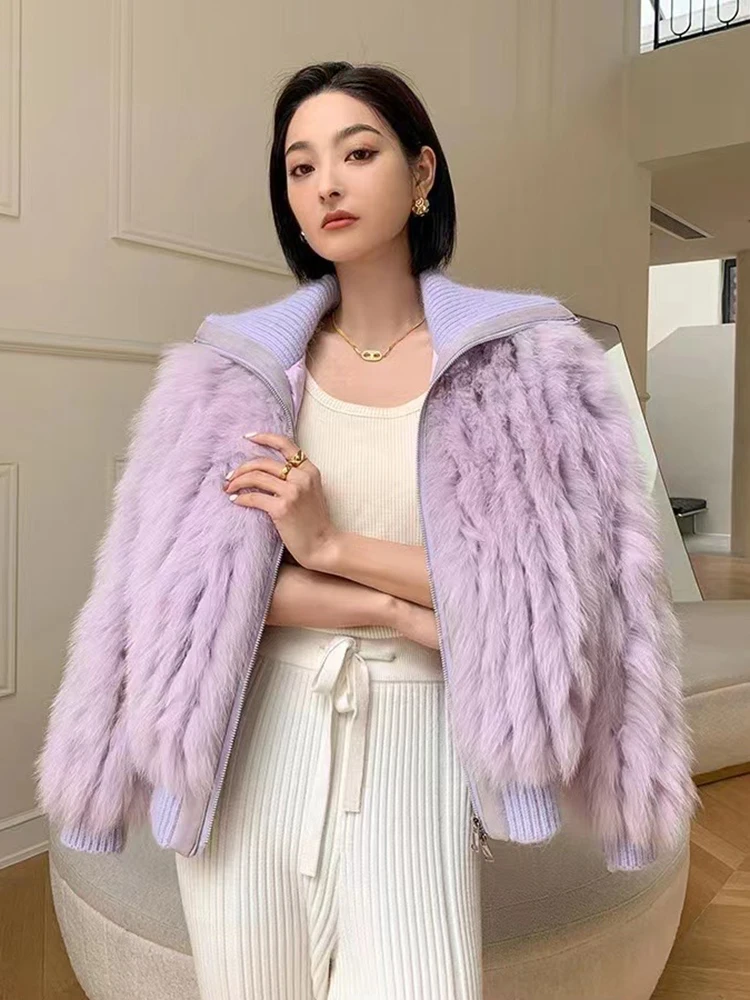 

2023 Women Real Fur Autumn and Winter Sweater Coat Fashion Real Fox Fur Decoration Zipper Sweater