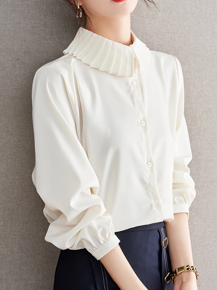 QOERLIN Spring Fall 2023 French Commuter Plain Top Pleated Frilled Collar Apricot Shirt Long Sleeve Elegant Office Ladies Blouse