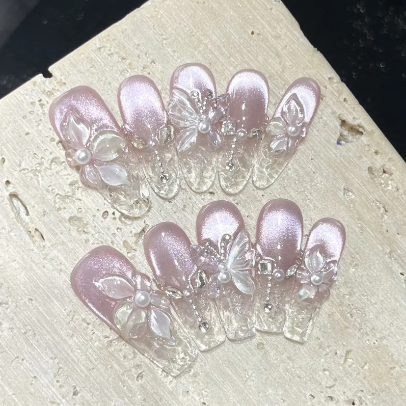 

10 шт. 3D цветок баухинии ручной работы пресс на ногтях блестящий фиолетовый розовый кошачий глаз накладные ногти жемчужный бабочка лепесток дизайн ногтей