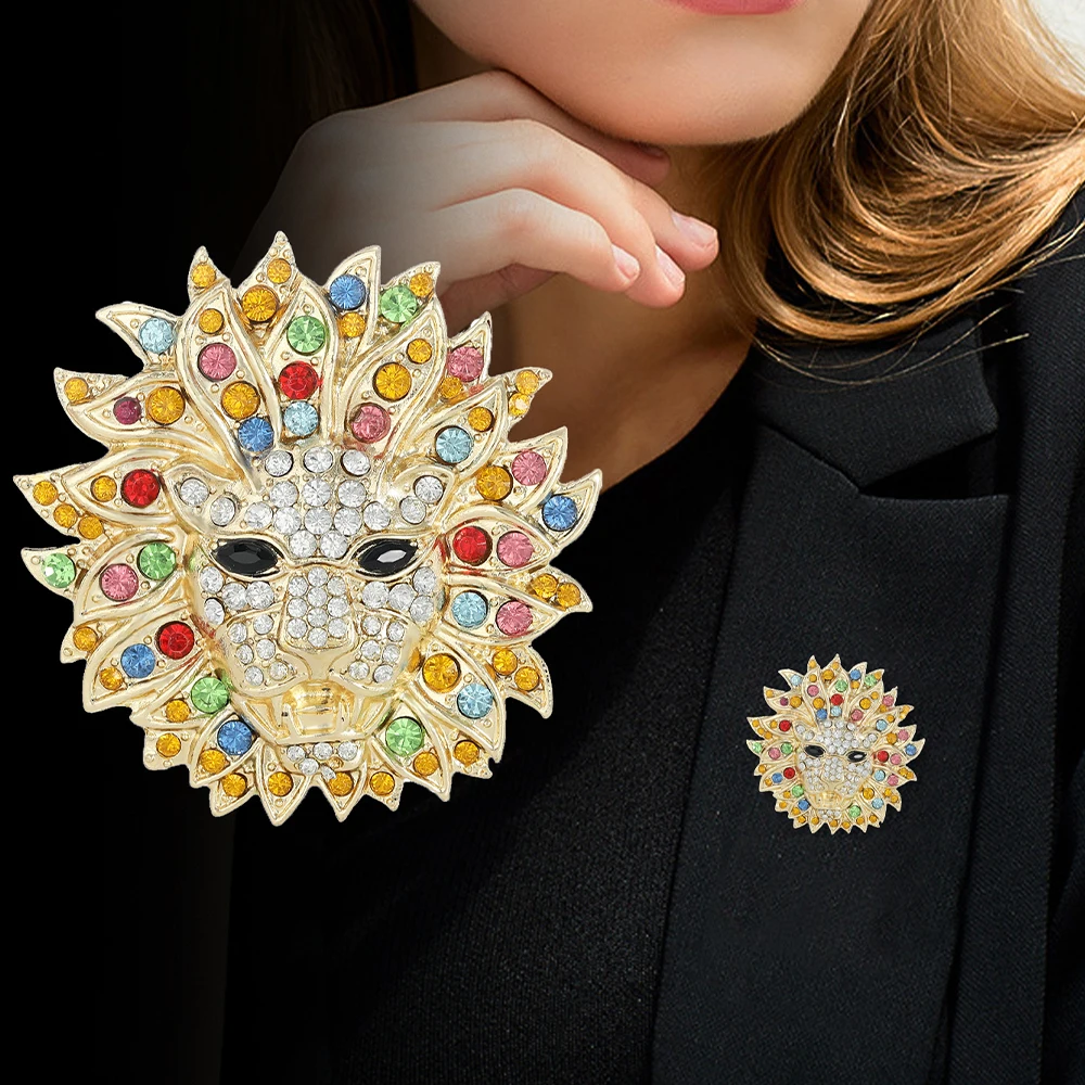 Luxury Colorful Crystal Paved Sun Lion Lapel Pins Dazzling Women Girls Party Dress Golden Rhinestone Corsage Brooches