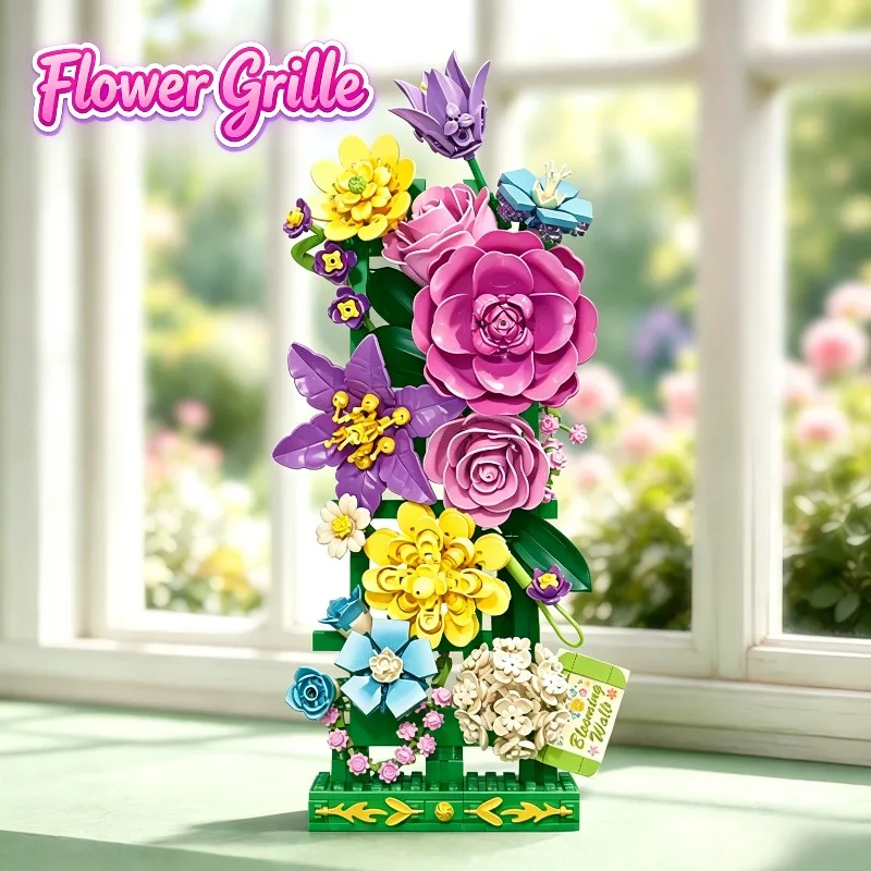 Flower Grille Building Blocks Colorful Flower Bouquet Trellis Model DIY Floral Display Bricks Set Home Decor Gift for Adults