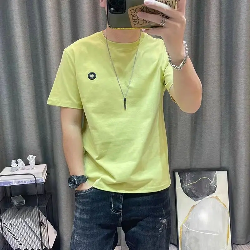 

Men Short Sleeve T-Shirt 2025 Summer New Style Letter Embroidery Pure Cotton Slim Fit Round Neck Top