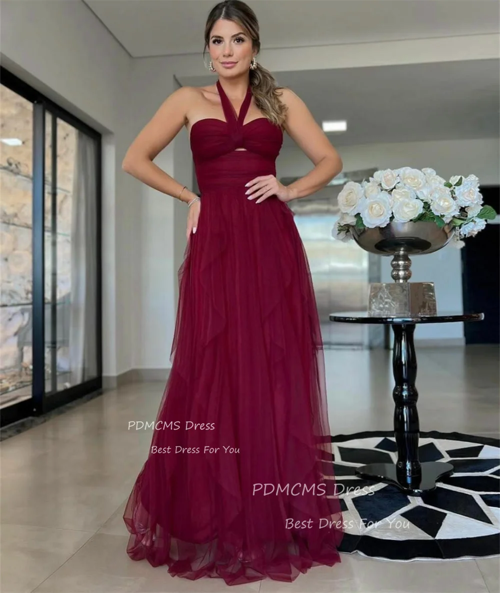 

Elegant Burgundy Halter Prom Dresses A-Line Tulle Wedding Guest Party Dress Ruffled Floor Length Formal Evening Dress for Women