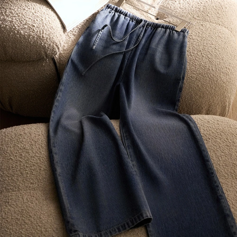 أزياء المرأة السراويل الحرير التوت الطبيعي ليوسيل تنفس ومريحة الرباط مرونة الخصر مستقيم الساق الجينز