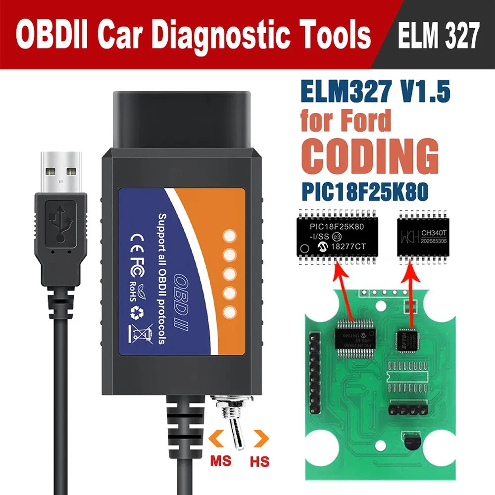 

OBD2 USB Car Diagnostic Auto Tool for FOR-Scan Switch ELM 327 V1.5 PIC18F25K80 CH340 ELM327 HS-CAN/MS-CAN for Ford