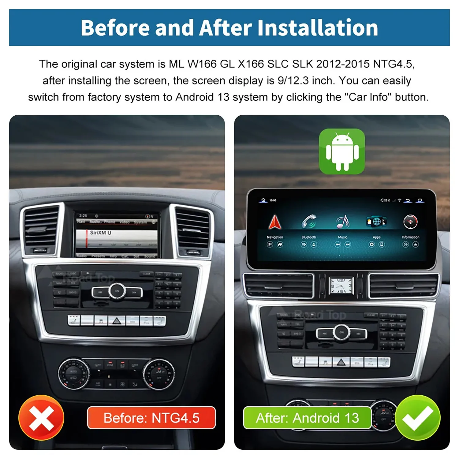 Écran Carplay Android 13 avec Système NTG4.5 pour Benz ML W166 ML300 ML350 GL X166 GL350 256-12.3, 8 + 2012g, 2015