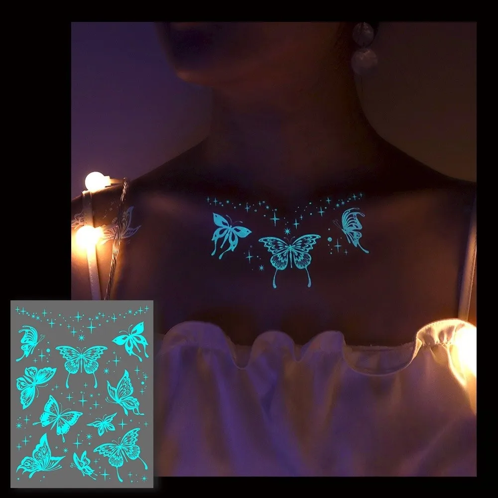 Temporary Luminous Flower Tattoo Sticker Rose Butterfly Love Heart Leaf Butterfly Tattoo Stickers Glowing Noctilucent