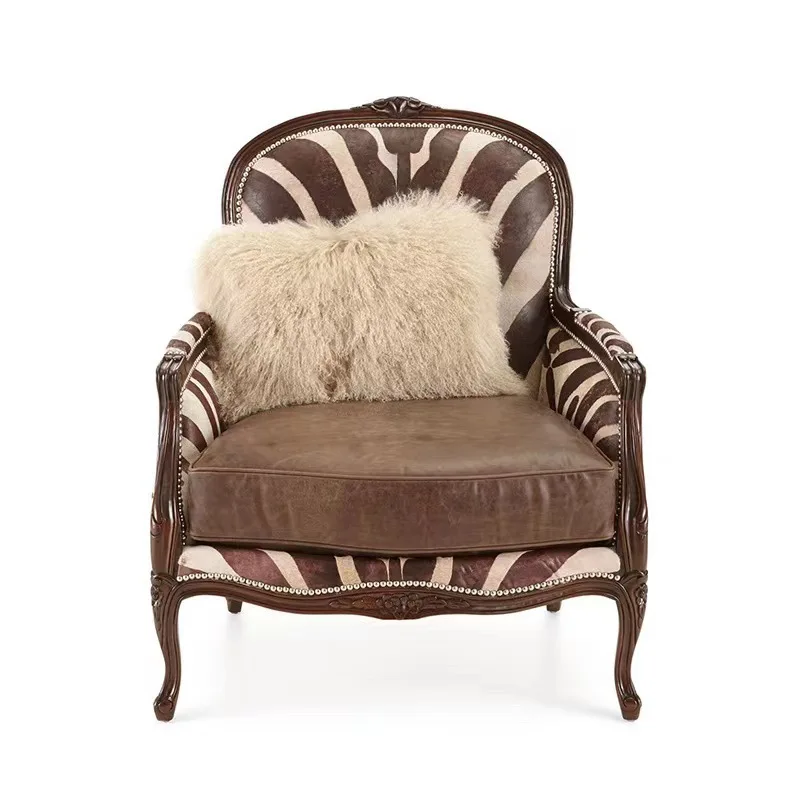 

American Furniture Solid Wood Sofa Chair European High Back Tiger Chair French Living Room Villa Single Leather Cloth Leisure