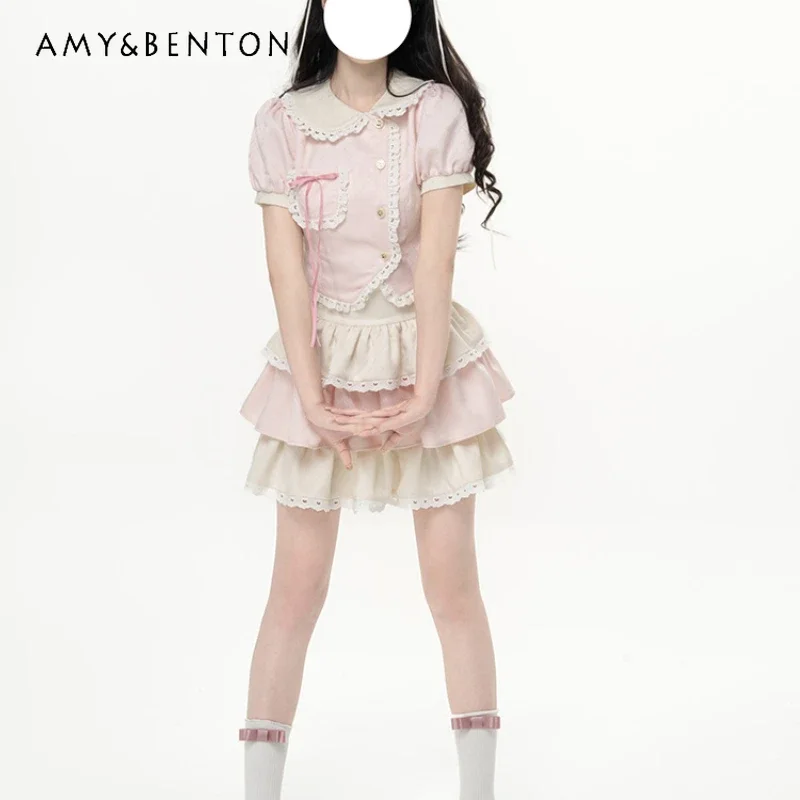 

Japanese Jk Uniform Lolita Summer Pink High Waist A Line Lotus Leaf Collar Pocket Lace Edge Waist Slim Cake Dress For Girls