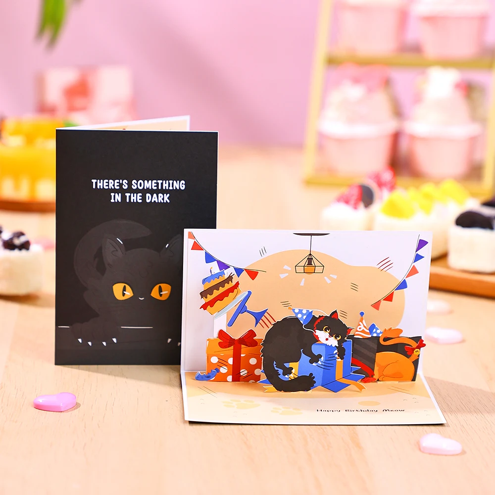 Schwarze Katze Geburtstag Pop Up Karte Geburtstag Grußkarte Kreatives Geschenk Spaß Parodie Geschenk DIY Wort des Segen