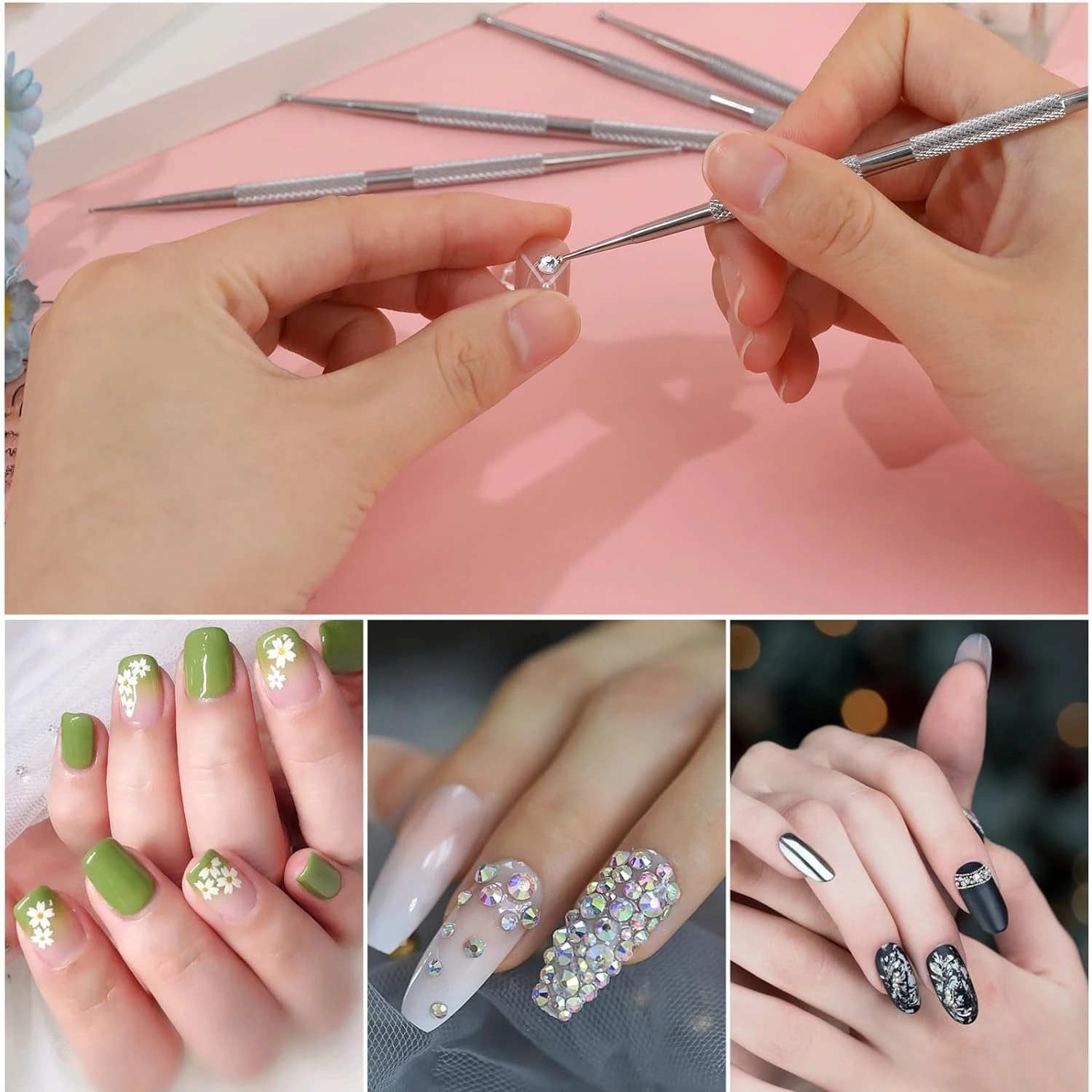 Kit de manicura de acero inoxidable impecable de alta calidad, 5 uds., con bolígrafos de pintura esenciales de punta alta y bolígrafos punteados de 2 vías para precisión