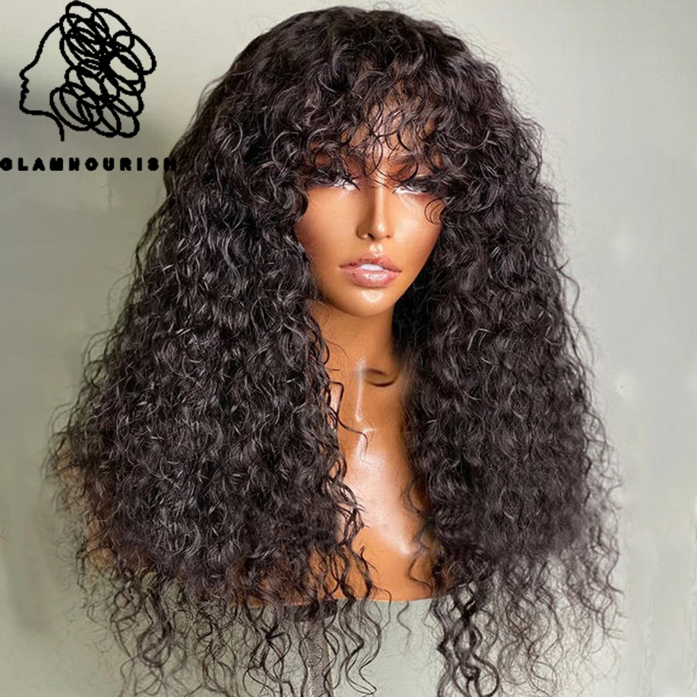 Glueless Brazilian Curly Human Hair Wigs With Bangs  200% Density Shoulder-Grazing Curly Wig with Wispy Bangs Machine Made Wigs