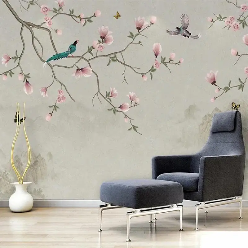 

Custom Photo Mural Wallpaper Chinese Style 3D Hand Painted Flower And Birds Fresco Living Room TV Sofa Study Papel De Parede