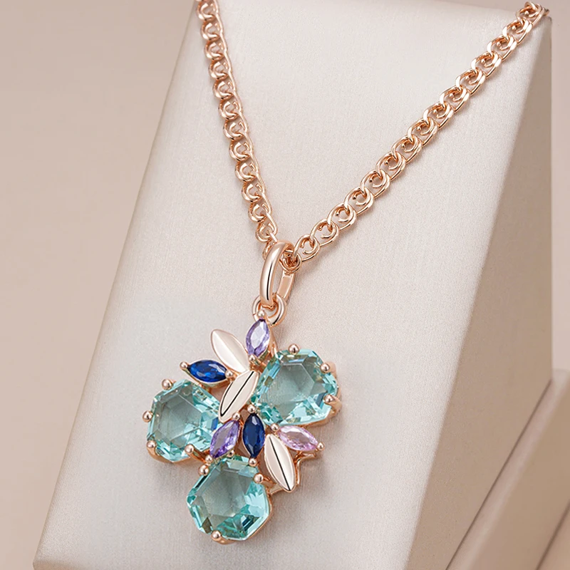 Kinel Fashion Green Stone Pendant Necklace for Women Unique Rhombus Natural Zircon 585 Rose Gold Color Vintage Wedding Jewelry