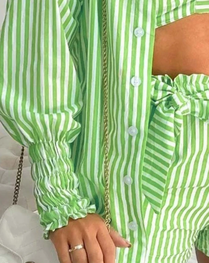 Sexy Casual Women's 3-Piece Summer Elegant Striped Open Navel Top with Lace Up Shorts Set with Rolled Hem and Jacket Fashion Set