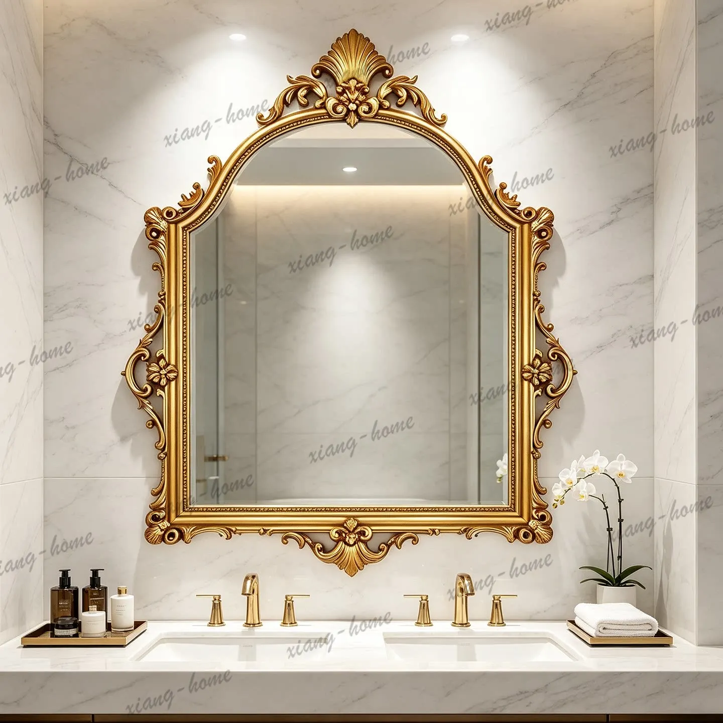 PG French special-shaped wall-mounted bathroom mirror, bathroom, golden American retro carved luxury decorative mirror