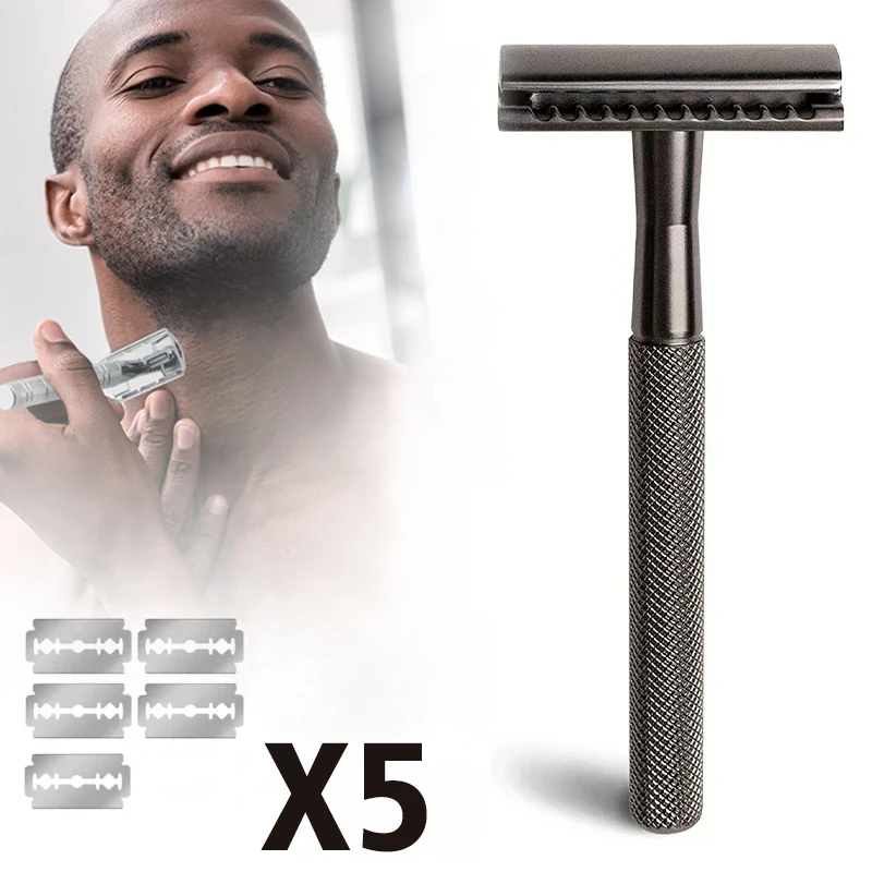Maquinilla de afeitar clásica de doble filo para hombre y mujer, afeitadora de seguridad de oro rosa, 5 hojas de afeitar, afeitadora Manual para la cara