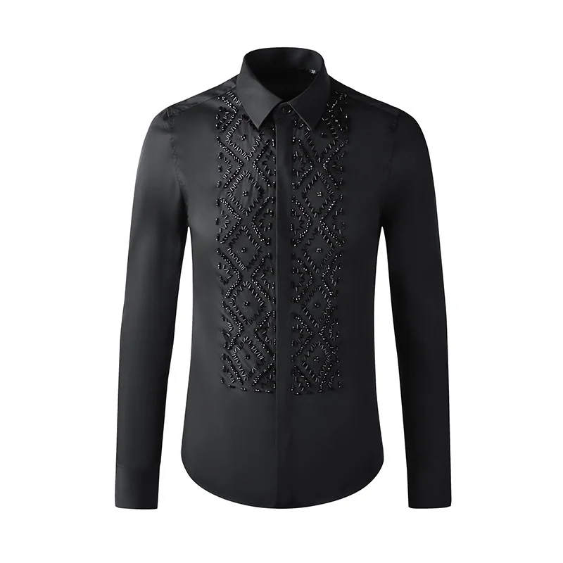 Made Hand Black Elegant Geometric Metal Stone Beads Sewing Men\'s Shirt Long Sleeve Light Luxury Design Blouse High Quality