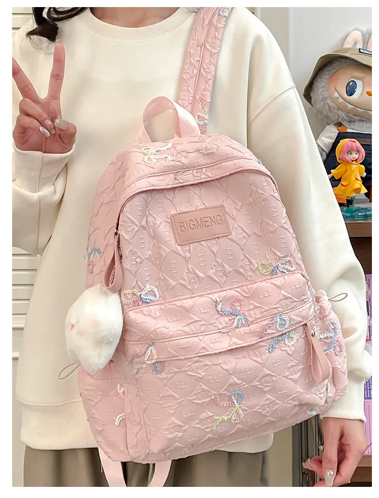 Colorful Bow Full Print Ruched Fabric Backpack Four Colors Available Large Capacity Girls Junior High High School School Bag