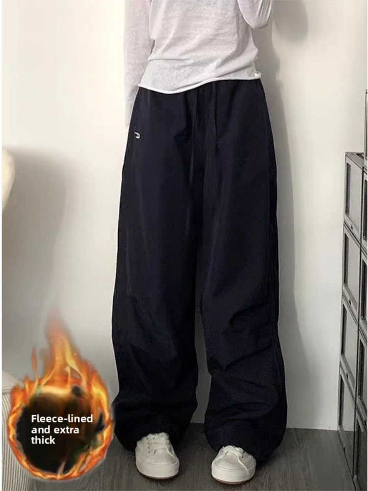 بنطال نسائي من القطيفة، مجموعة الخريف والشتاء، النمط الكوري، بنطال رياضي كاجوال فضفاض للطلاب