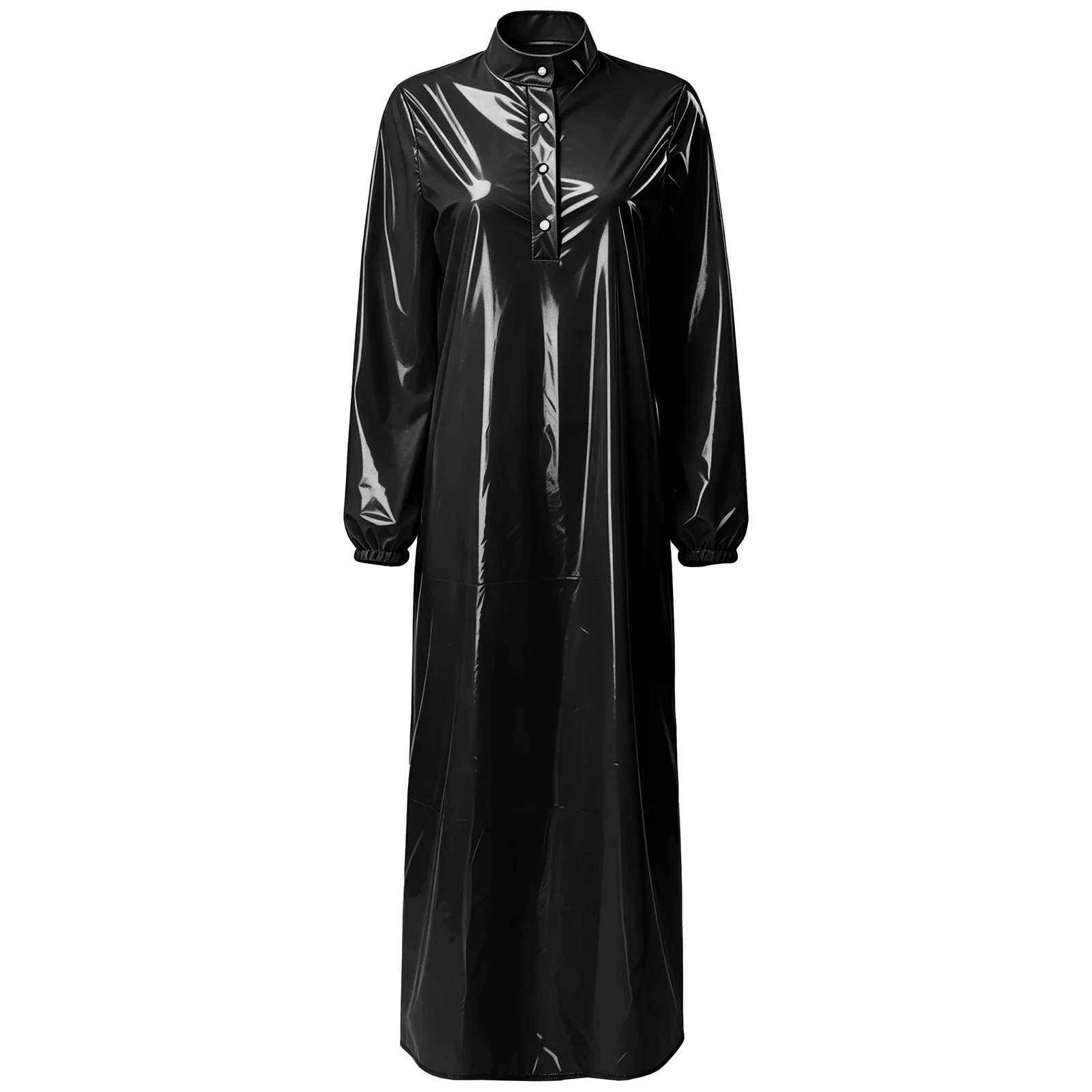 Wasserdichtes Schlafkleid für Damen mit Stehkragen, Knopfleiste, langen Ärmeln, glänzendem Vinyl-Überzug, als Badebekleidung, Clubwear, für Rave-Partys geeignet.