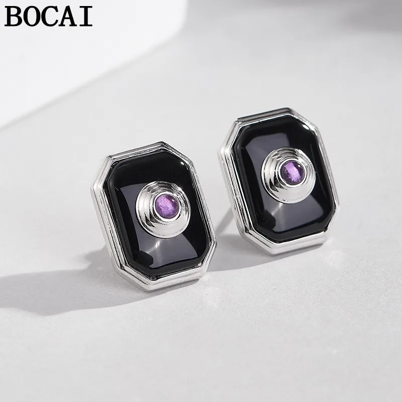 BOCAI S925 Pure Silver Jewelry Light Luxury Niche Geometric Black Agate Amethyst Earrings Women's Selected Gift