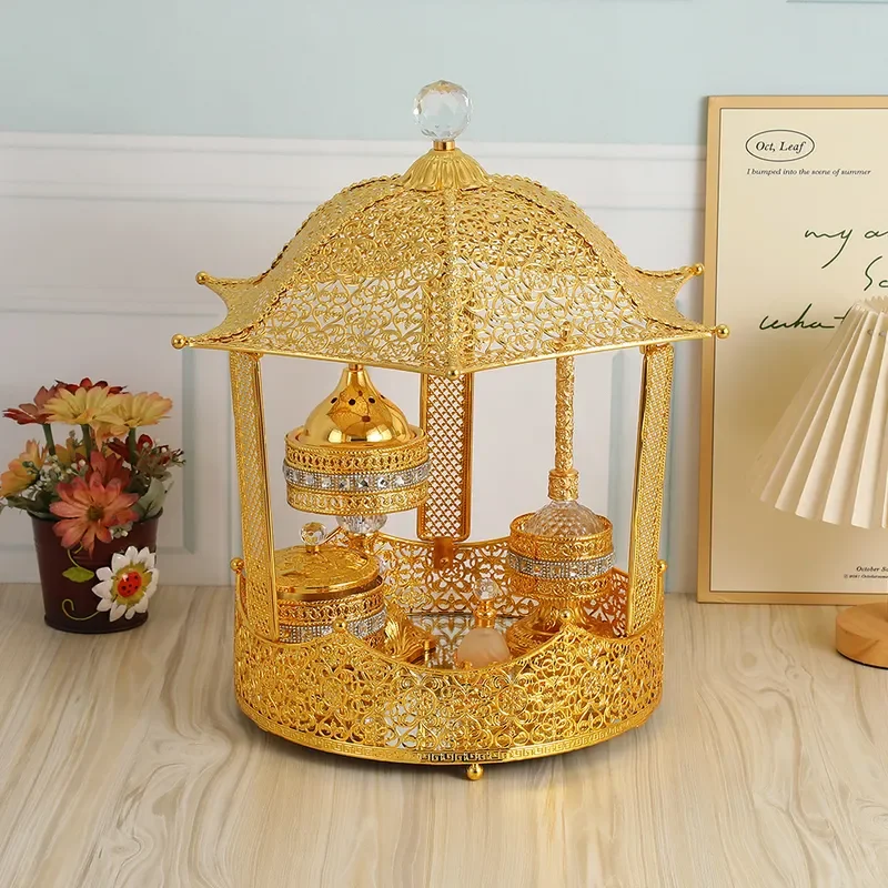 Vintage Gold Metal Incense Burner Set 6pcs European Style Wrought Iron Basket Holder Home Decor Ornament Luxury Table