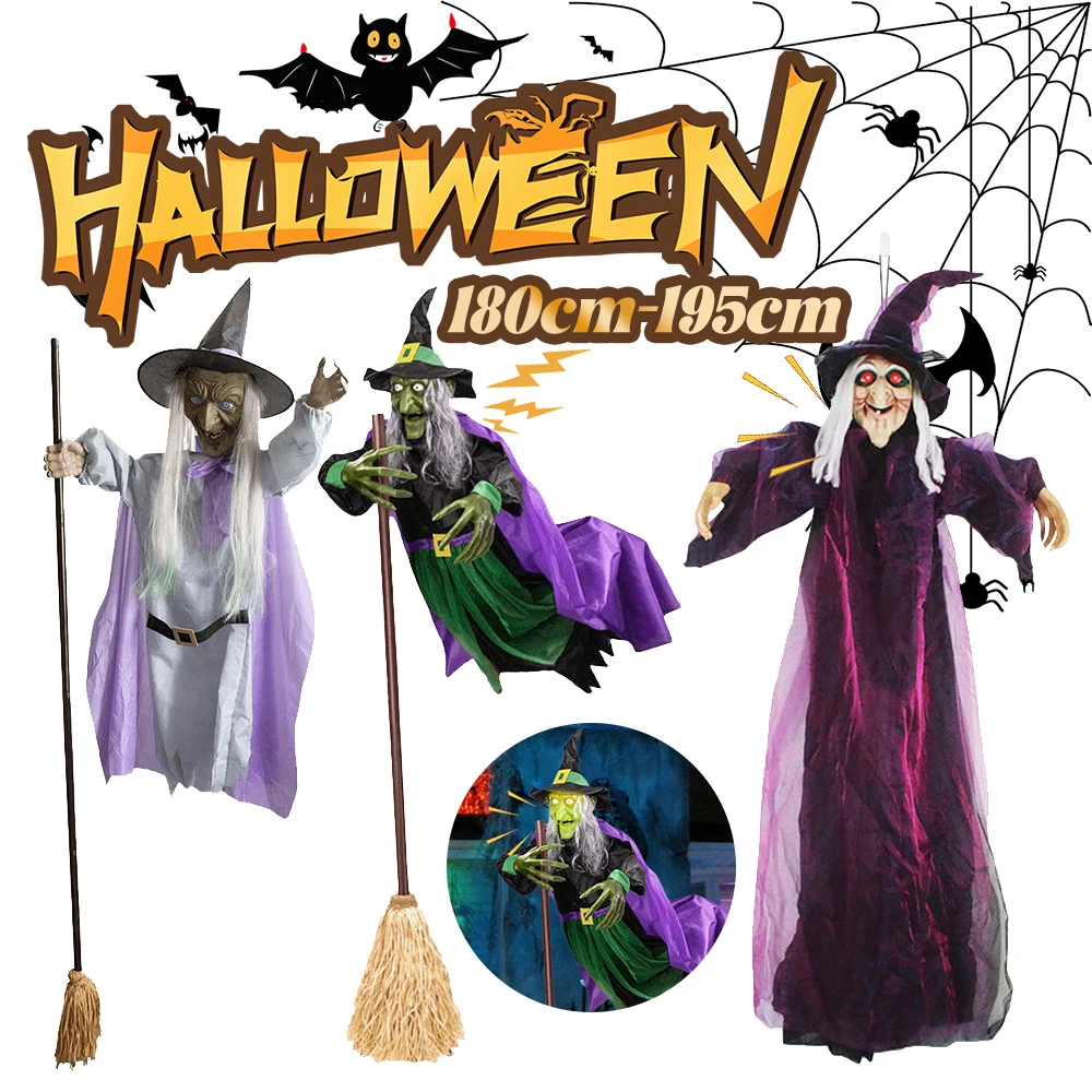 

Halloween Decoration Flying Witch Broom Prop with Scary Screaming Sounds and LED Lights Light-Up for Garden Yard Lawn Indoor