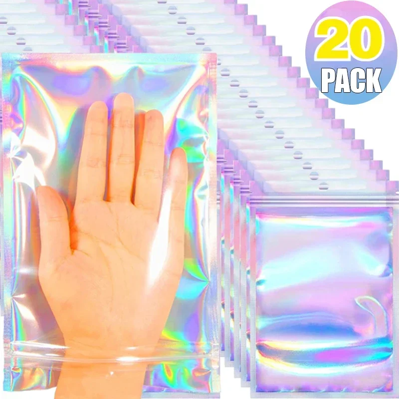 20/10PCS Laser Sealing Bags Plastic Holographic Candy Food Pouch Resealable Necklace Jewelry Gift Packaging Kitchen Storage Bag