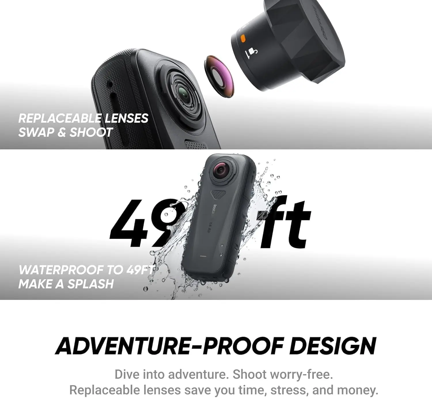 Lightest 8K 360 Waterproof Action Camera with Replaceable Lenses for Epic Adventures, Motorcycle Bundle Includes Invisible Selfie Stick and Lens Cap