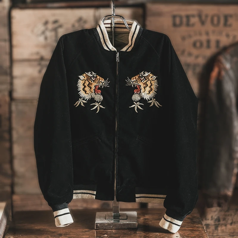 Chaqueta de Terciopelo Yokohama Estilo Retro Japonés, Bordada, Reversible, Estilo Béisbol, con Diseño de Tigre y Halcón