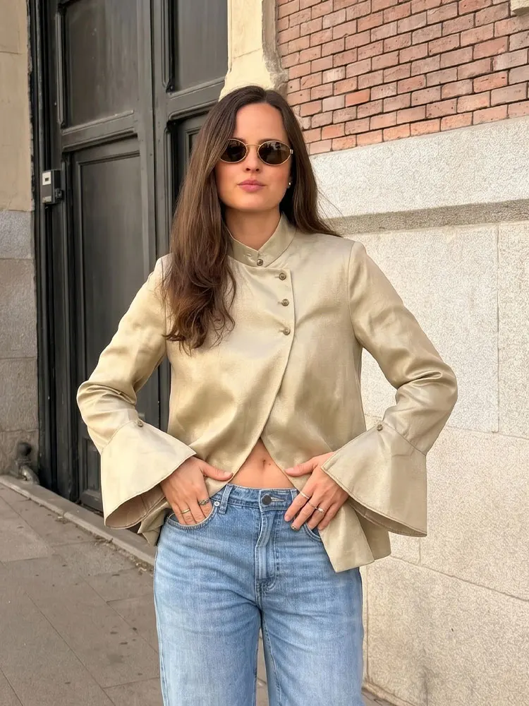 

HH Autumn Long Sleeve Single Breasted Stand Collar Jacket Fashion Asymmetric Bell Sleeve Jacket High Street Lady Office Coats