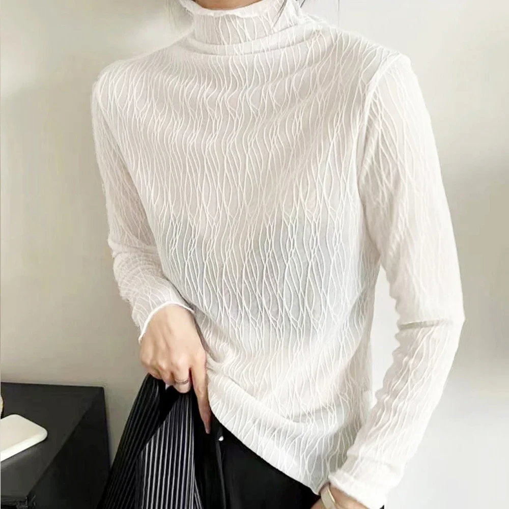 

Women Irregular High Collar Long Sleeve T-shirts Edible Tree Fungus Blouse 4 Colors Female Bottoming Blouses Fashion Chic Tops