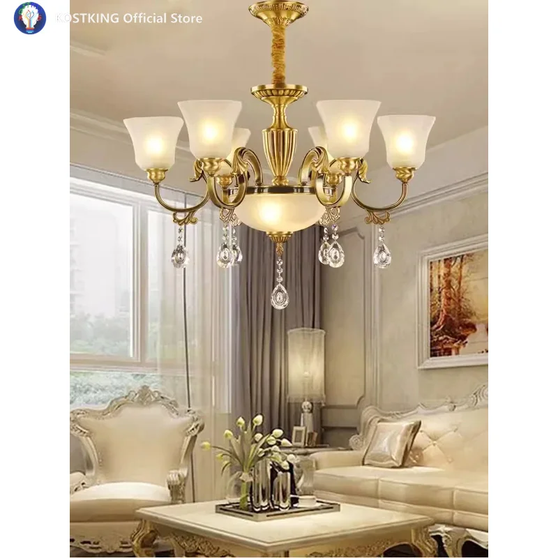 ثريا كريستال فاخرة فيلا دوبلكس غرفة المعيشة الثريات النحاسية الأوروبية خمر مصباح الغلاف الجوي أضواء المنزل شخصية