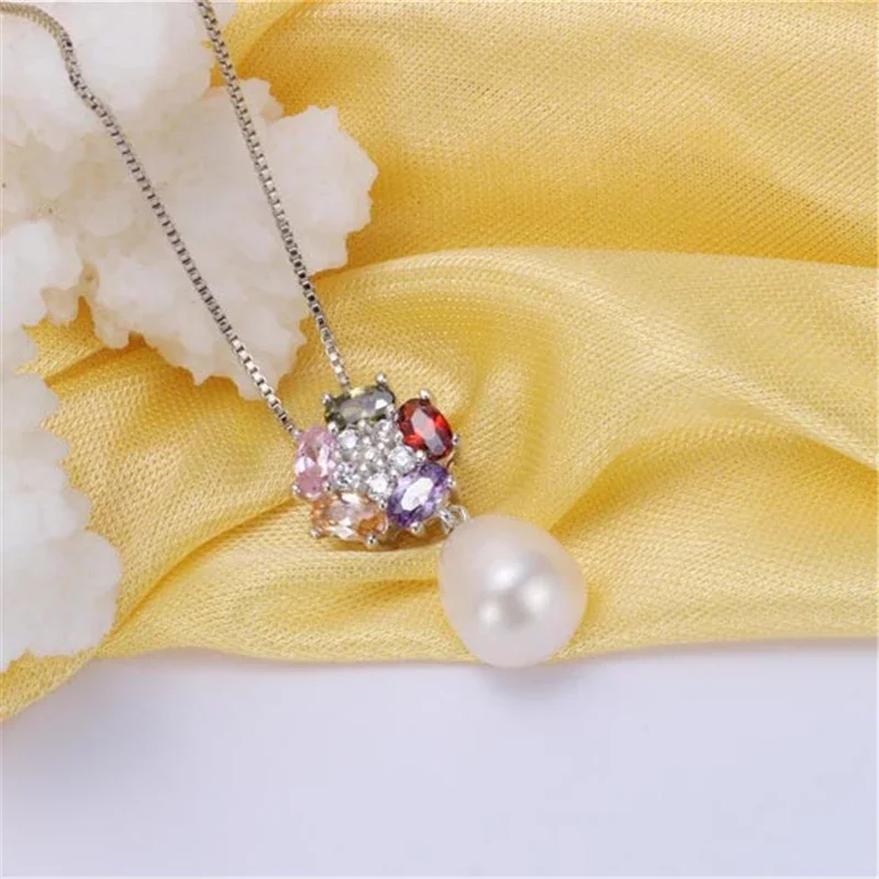 925 Sterling Silver Colorful Zircon Pendant Jewelry 100% Genuine Natural Freshwater Oval Pearl Necklace Women(No Chain)