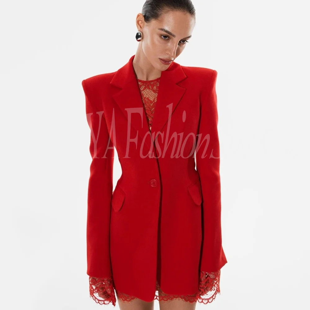 

Fashion Elegant Women's Blazer Red Color Jacket 1 Piece Single Breasted Coat Full Sleeves High Quality Stylish Female Suit