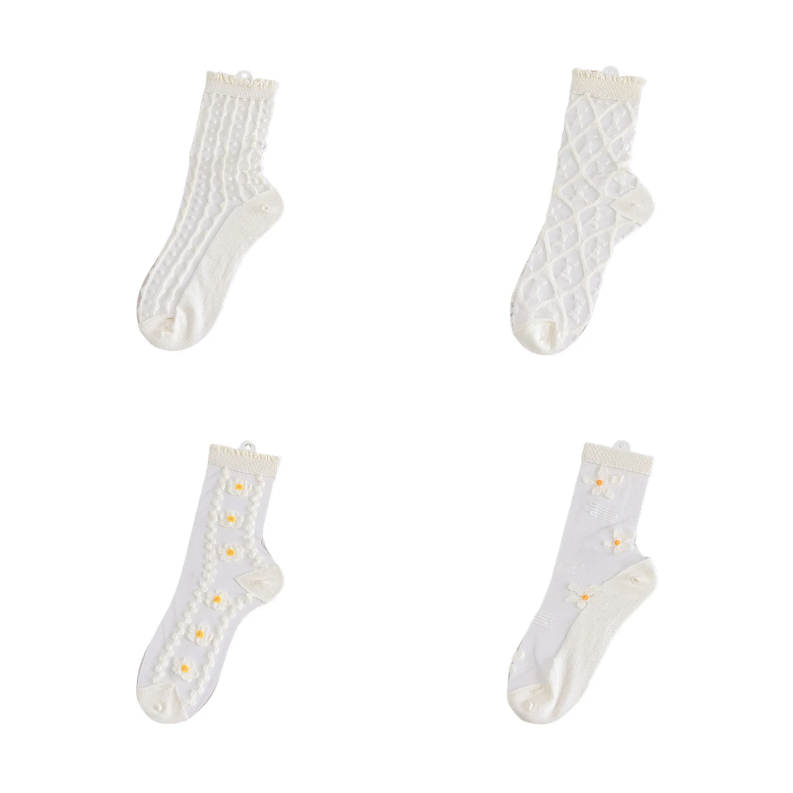 

4 pairs of glass silk mid-calf socks for women (vertical stripes + rhombus + vertical flowers + large flowers)
