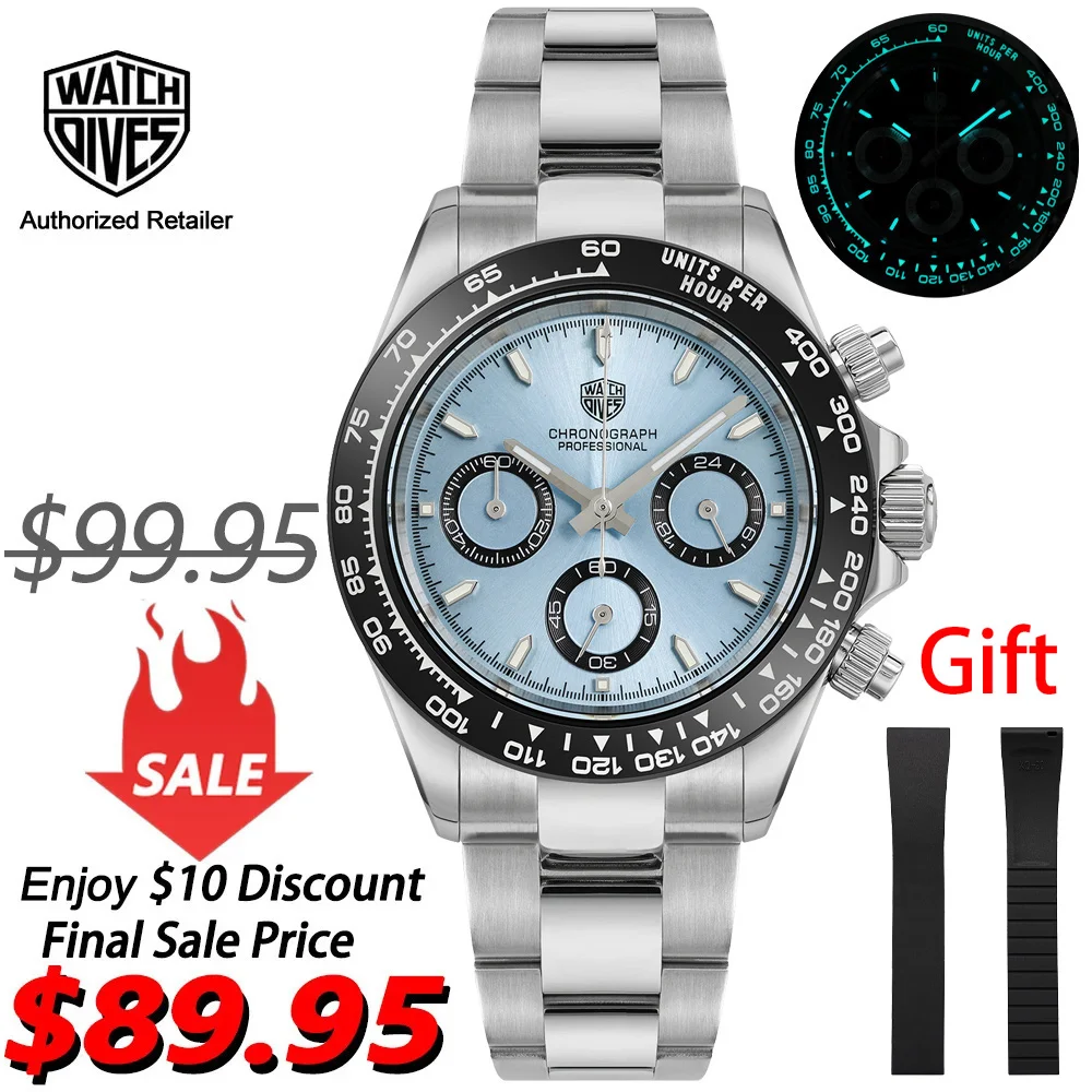 

Watchdives WD16500 Quartz Watch VK63 chronograph Movement BGW9 Luminous Wristwatch 100m Waterproof 39mm Sapphire Crystal Watches