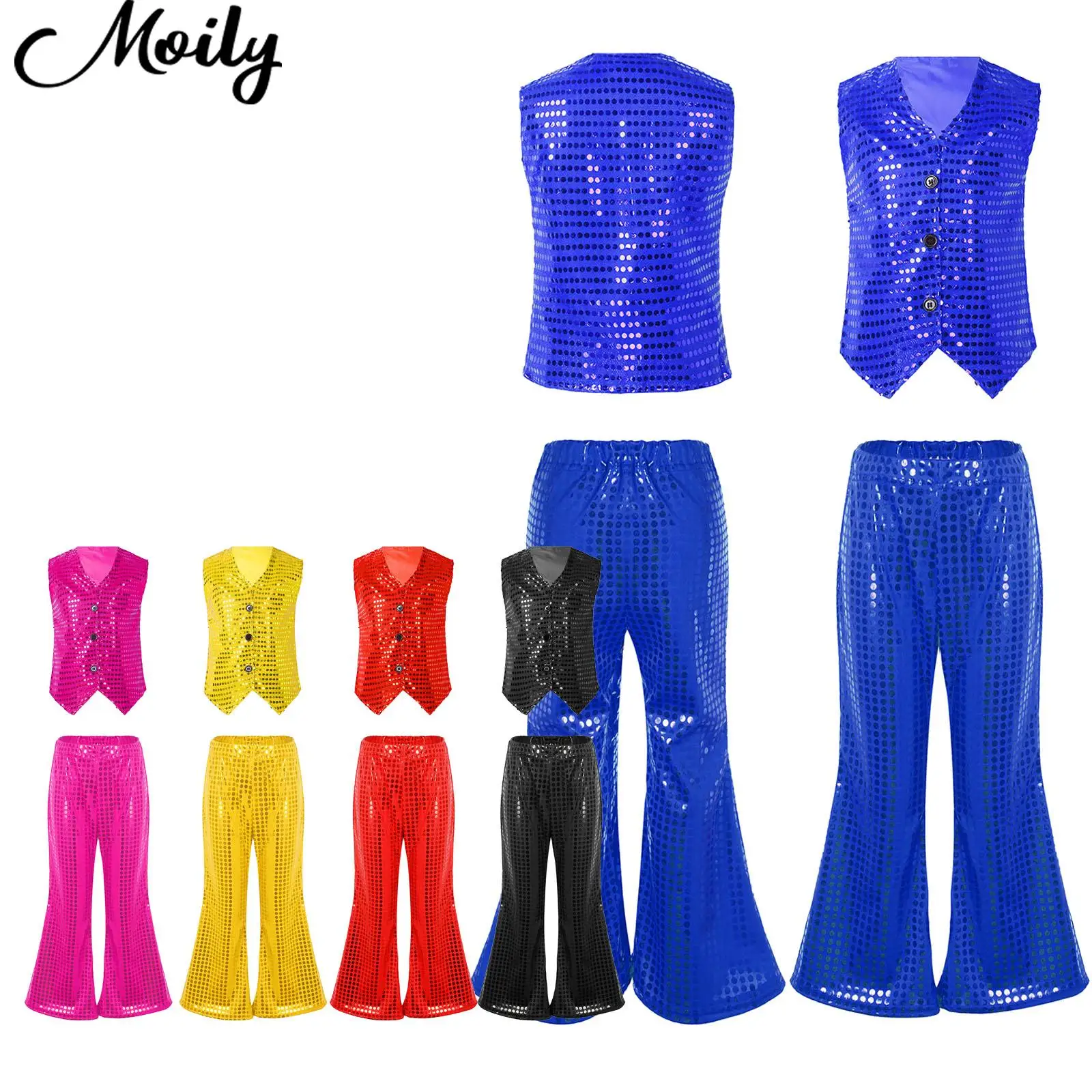 

Unisex Kids Hip-hop Jazz Street Dance Outfit Sequined Vest Waistcoat with Elastic Waistband Flared Pants Party Performance Set