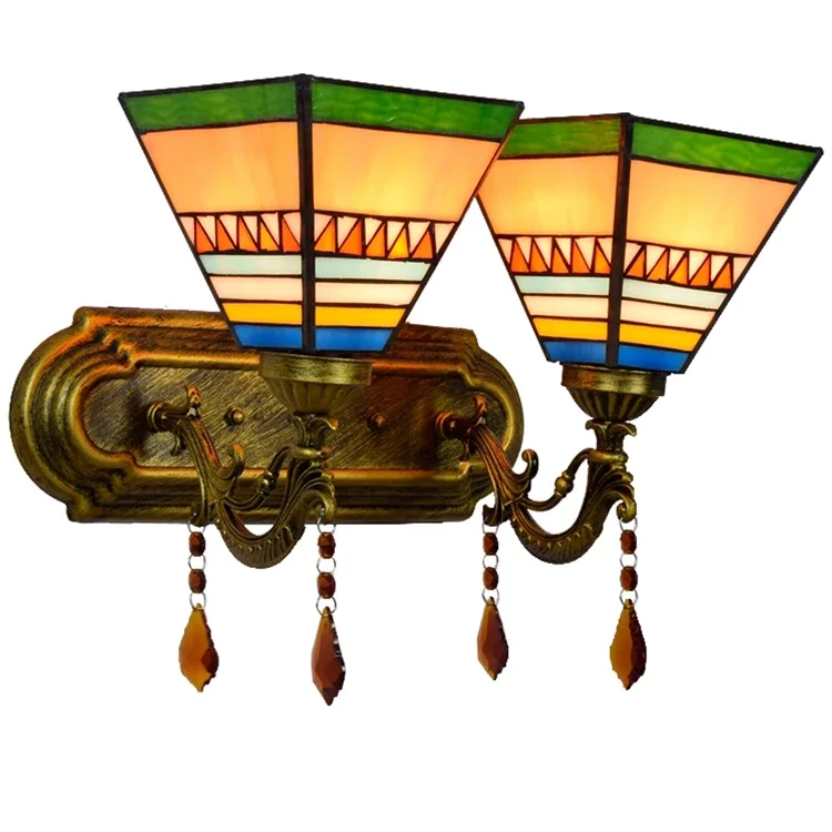 

Retro Pyramid Stained Glass Led Wall Lamp for Living Room Bedside Hotel Corridor Double Head Tiffany Wall Lamp